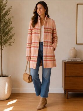 Elle Pink Plaid Stand-Collar Pea Coat. Size Medium